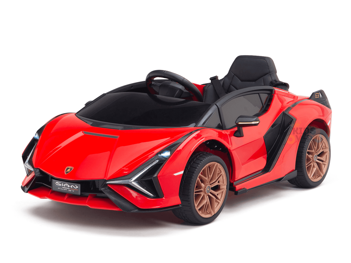 The Red Official 12V Sport Edition Lamborghini Sian Kids and Toddlers Ride On Car, featuring gold wheels, black seats, sleek design, butterfly doors, and detailed front grille, is perfect for kids. It also includes a parental remote for enhanced safety and control.