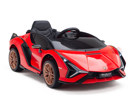 The Red Official 12V Sport Edition Lamborghini Sian Kids Ride On Car features a sleek design with bronze wheels, butterfly doors, and an open-top. It includes a black seat and steering wheel, providing a thrilling drive for kids while parents ensure safety via the remote control.