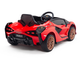 The Red Official 12V Sport Edition Lamborghini Sian Kids and Toddlers Ride On Car features a red design with black accents, brown wheels, detailed taillights, butterfly doors, a steering wheel viewed from the back, and a parental remote for added control.