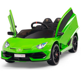 The Green 12V Lamborghini SVJ Sport Kids Licensed Ride On Car features a lime green finish, opening doors, black seats, emblem on front, and detailed rubber wheels for a realistic look—perfect for little drivers.