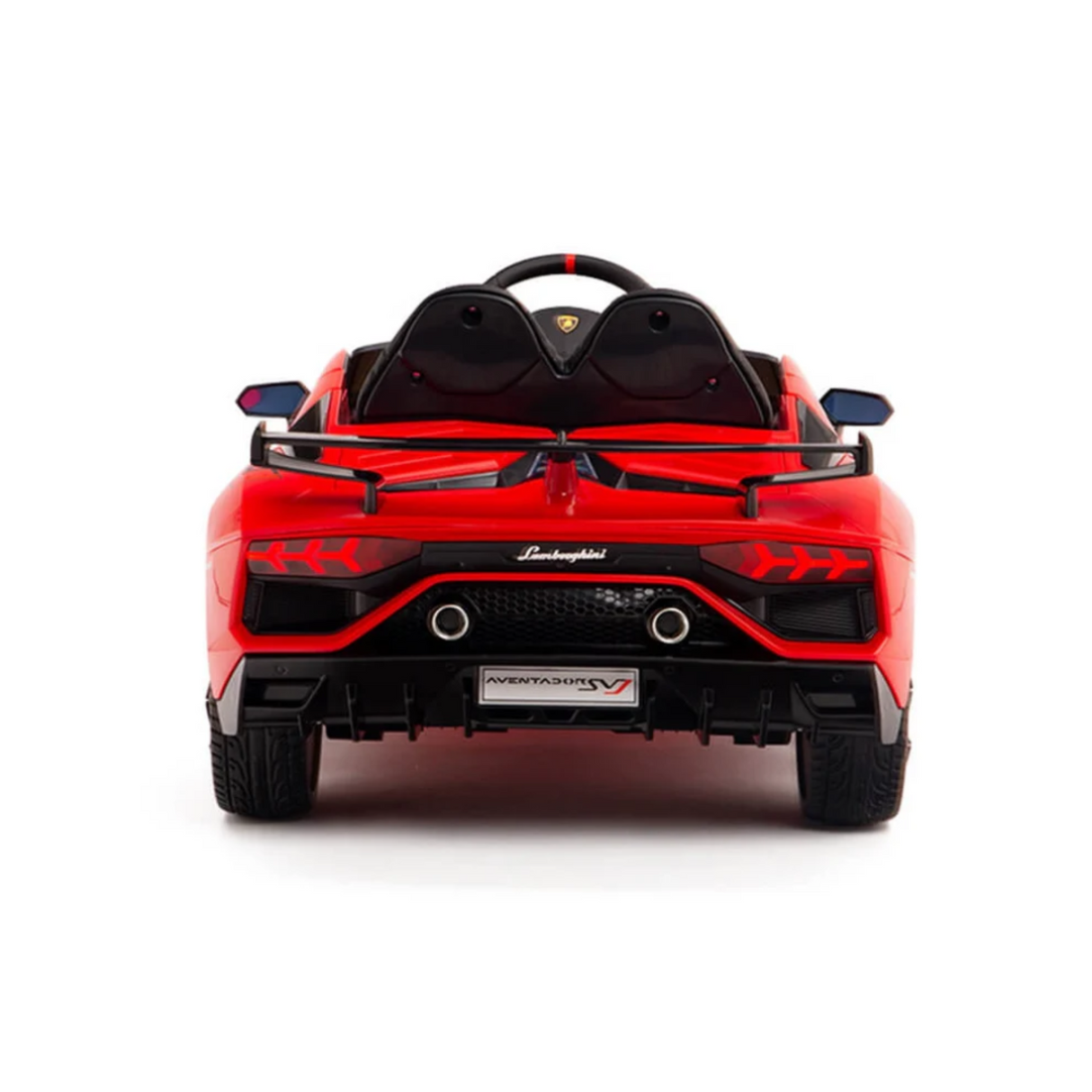 Rear view of a Red 12V Lamborghini SVJ Sport Kids Licensed Ride-On Car displaying its sleek design, intricate details, realistic tail lights, and dual exhaust pipes. The Lamborghini logo is prominently displayed on the rear.