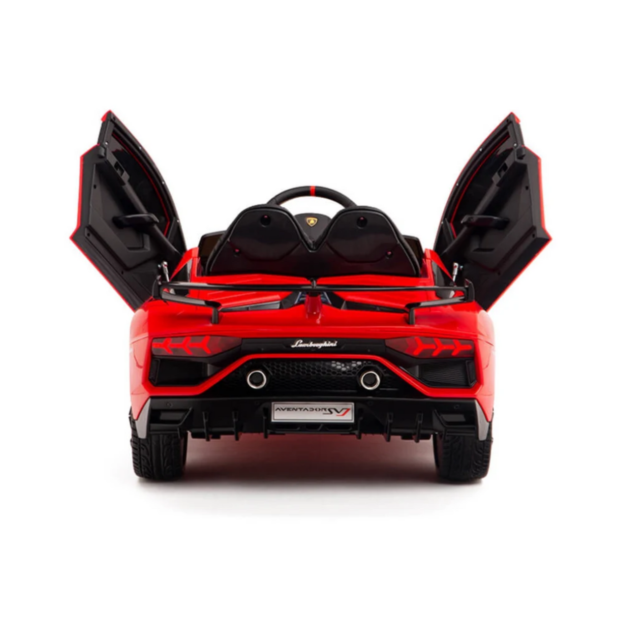 The Red 12V Lamborghini SVJ Sport Kids Licensed 1 Seater Ride On Car has sleek upward-opening doors, detailed taillights, exhaust, and a Lamborghini logo. Its perfect as an electric car or a remote-control toy for kids against a plain white background.