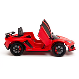 The Red 12V Lamborghini SVJ Sport Kids Ride On Car features scissor doors, black seating, and stylish black wheels with red accents. Its sleek aerodynamics and rear spoiler enhance the sporty design. Easily control it with the included remote.