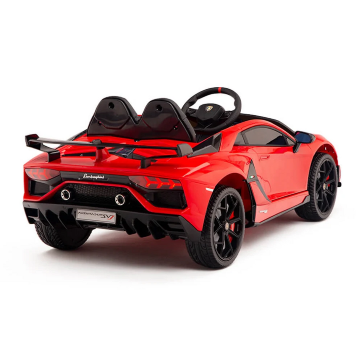 The Red 12V Lamborghini SVJ Sport Kids Licensed Ride On Car features a detailed black interior, round steering wheel, sleek lines, rear spoiler, and iconic logo. With rubber wheels and a remote, this 1-seater offers thrilling adventures in sporty style.