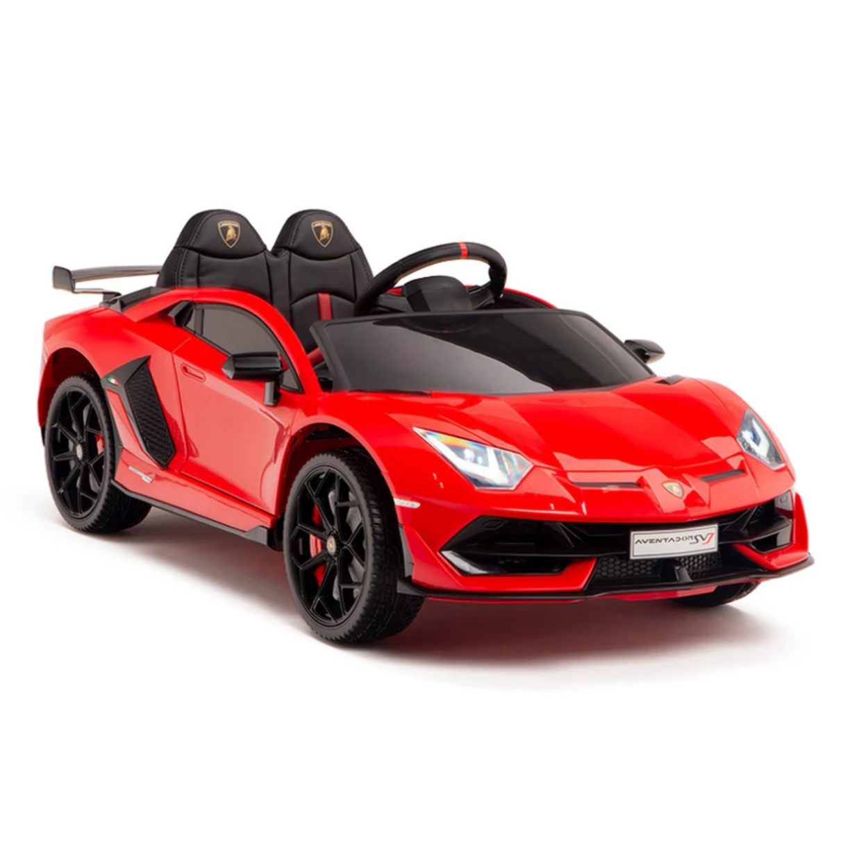 The Red 12V Lamborghini SVJ Sport Kids Licensed 1 Seater Ride On Car features black seats, a sleek steering wheel, rubber wheels, and detailed emblems and headlights. Its an electric car for kids controlled via remote control for thrilling rides.