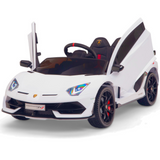 White 12V Lamborghini SVJ Sport Kids Licensed 1 Seater Ride On Car with Rubber Wheels, Remote