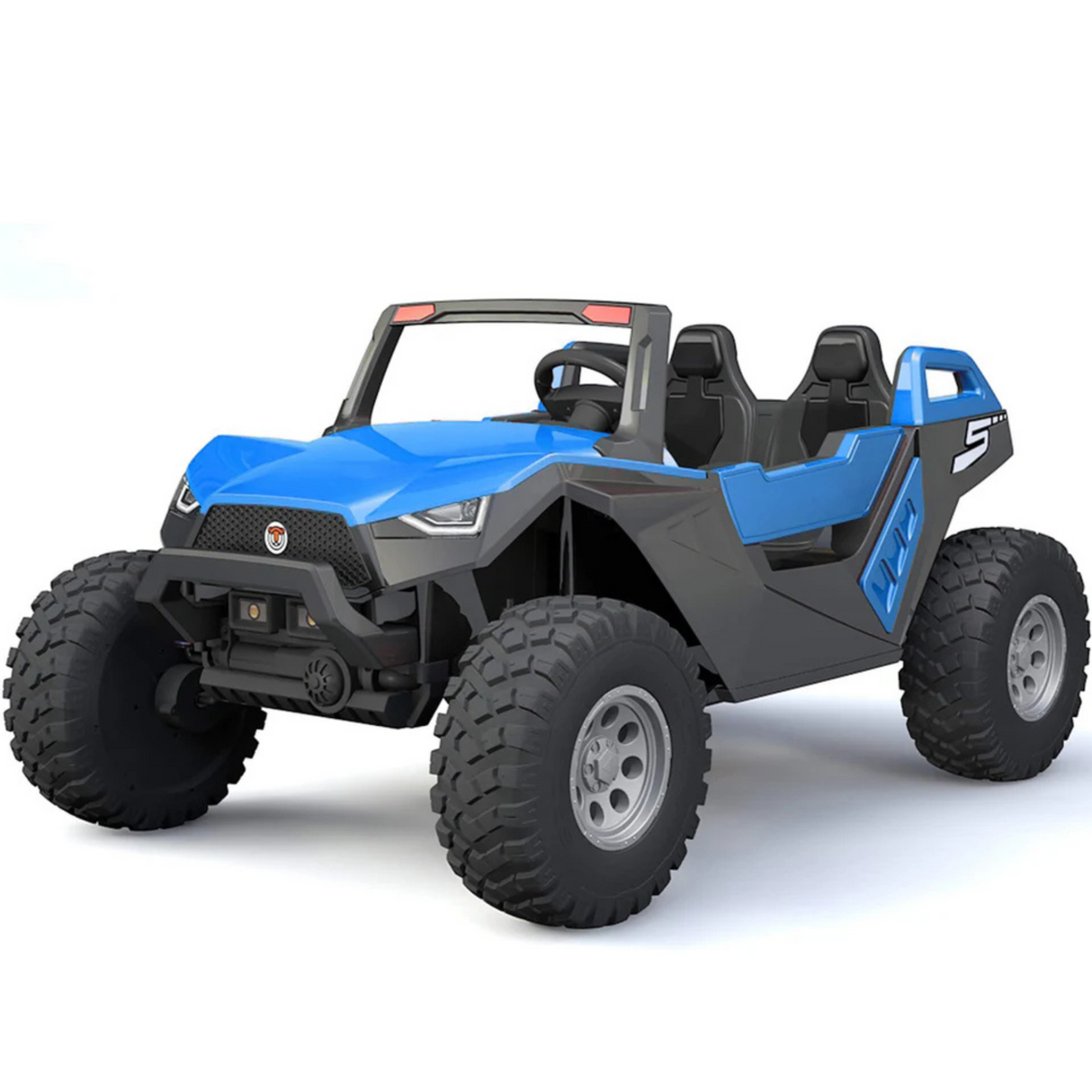 The Blue 24V/4X4 Dune Buggy Ride On UTV has rubber wheels, two seats, a roll cage, rugged tires for off-road fun, and stylized headlights. Its designed for adventurous young drivers and features a sporty look with the logo on the front grill.