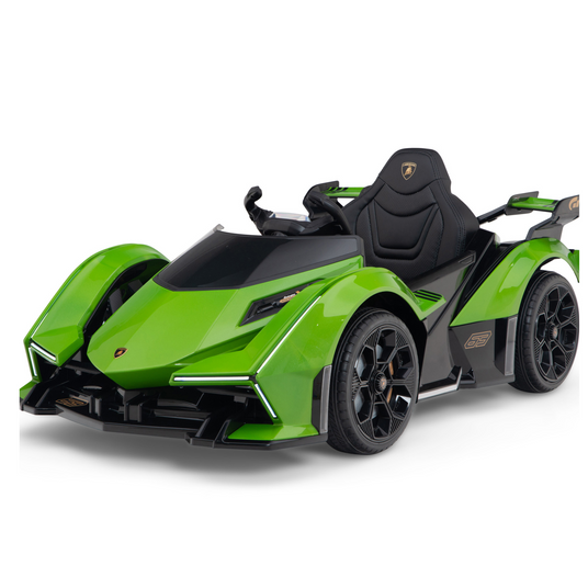 Green Lamborghini Vision GT kids’ ride-on car, showing its seat and front wheels.