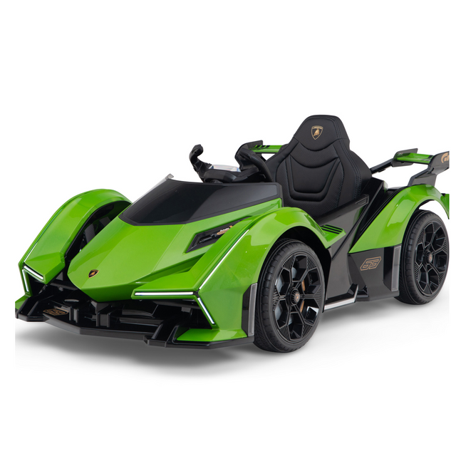 The Green 12V Official Lamborghini Vision GT Kids Ride-On Car features a racecar-like body, sleek lines, large wheels, black accents, and a detailed seat for an exhilarating driving experience.