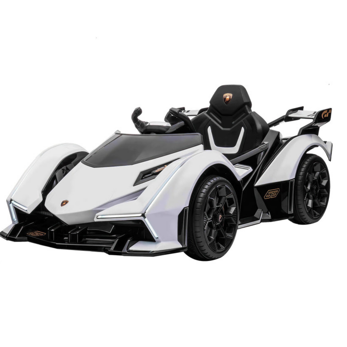 The White 12V Official Lamborghini Vision GT Kids Ride-On Car boasts a sleek, futuristic design with angular headlights and a sporty black-and-white appearance, detailed wheels, and a cutting-edge body style.