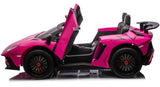 The Pink 24V/180W Lamborghini SV Limited XXL Edition ride-on supercar features black wheels, a rear spoiler, vertical opening doors, detailed interior seats, and offers an exciting kids VIP experience at speeds up to 10MPH.