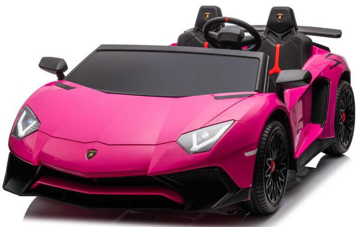 A bright pink 24V/180W Lamborghini SV Limited XXL Edition ride-on supercar, with black and red interior accents, features sleek design elements like angular headlights, side mirrors, and black wheels. With two seats, its perfect for young VIP drivers and reaches speeds up to 10MPH!.