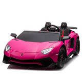 Introducing the Pink 24V/180W Lamborghini SV Limited XXL Edition ride-on supercar for young drivers, featuring a striking pink with black accents design, two seats, a steering wheel, and working headlights. This Kids VIP toy offers thrills up to 10MPH while mirroring the excitement of a real sports car.