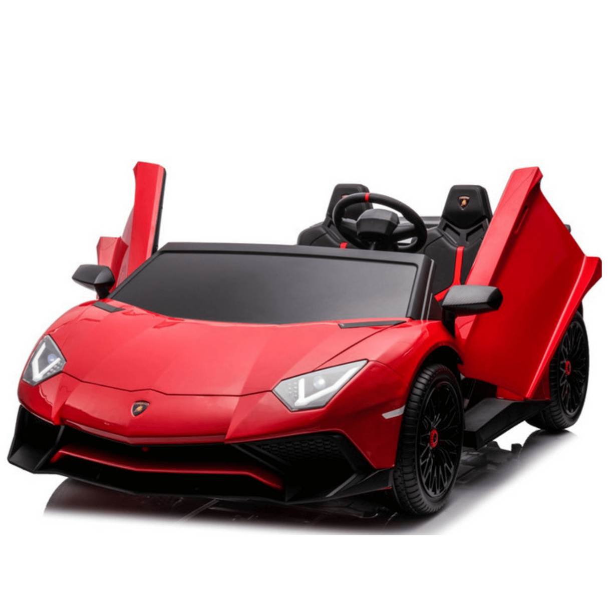 The Kids VIP red toy car, a Lamborghini SV Limited XXL Edition, features scissor doors and black wheels. Detailed headlights and an open cockpit steering wheel make it perfect for young drivers who seek supercar adventures at speeds up to 10MPH with its 24V/180W power.