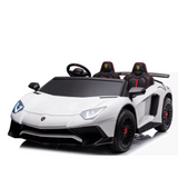 The White 24V/180W Lamborghini SV Limited XXL Edition, with its black and red accents, LED headlights, and sporty wheels, features two eco-leather seats with logos. Its perfect for young drivers seeking a luxury adventure at speeds up to 10MPH!.