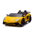 A yellow 24V/180W Lamborghini SV Limited XXL Edition toy sports car with black accents and red eco-leather seats, aerodynamic design, open top, side mirrors, and detailed wheels, reaching speeds up to 10MPH.