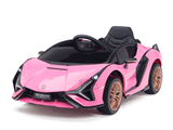 The Official 12V Sport Edition Lamborghini Sian Kids and Toddlers Ride On Car features a pink sporty design with black accents and beige wheels, a steering wheel, and a comfortable seat for an exhilarating drive.