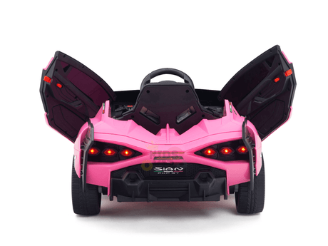 The Official 12V Sport Edition Lamborghini Sian Kids Ride-On Car boasts pink butterfly-style doors, vibrant red taillights, a steering wheel, and the prominent SISIGAD logo on a white backdrop. Powered by a 12V battery, it echoes the mini luxury design perfectly.