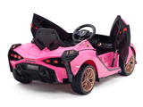 The Official 12V Sport Edition Lamborghini Sian Kids Ride-On Car features a pink exterior, open design, detailed headlights, sleek black interior, brown wheels, an open hood and doors with controls for an authentic driving experience.