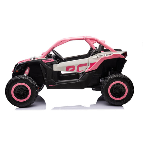 Inspired by the Can-Am Maverick, the Pink 2x24V/2WD Official Ride on Buggy, LX Performance features a black body with pink accents, large wheels, and an open cabin. It displays Dakar Champion and RC, offering a minimalistic yet sporty frame that captures adventurous thrills.