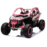 Dont miss the final sale on the 12V/24V Can-Am Maverick from kidsviponline! This pink and black toy off-road vehicle features a rugged design with large wheels, an open cockpit with two seats, and a 3-point safety harness. Styled like an all-terrain buggy, its perfect for children.