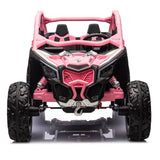 Introducing the Pink 2x24V/4WD Official Can-Am Maverick Ride on Buggy, LX Performance: a pink and black kids car with rugged off-road tires, two seats, and a sporty design inspired by the adventurous Can-Am Maverick with a detailed front grille.