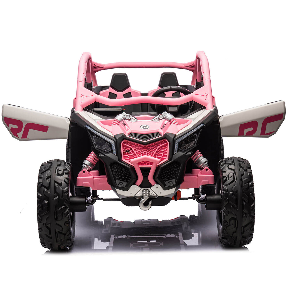 The Pink 2x24V/4WD Official Can-Am Maverick Ride on Buggy, LX Performance, is a pink and black toy off-road vehicle with large rugged tires, detailed front, roll cage, and side mirrors. This realistic 2-seater delivers a sporty thrill for young adventurers.