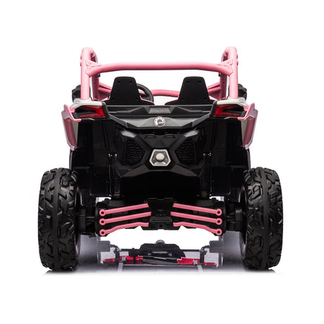 The Pink 2x24V/2WD Official Can-Am Maverick Ride-on Buggy, LX Performance showcases a rugged suspension and rear seats, inspired by Dakar champions, with its pink and black design highlighting large tires for adventurous childrens play.