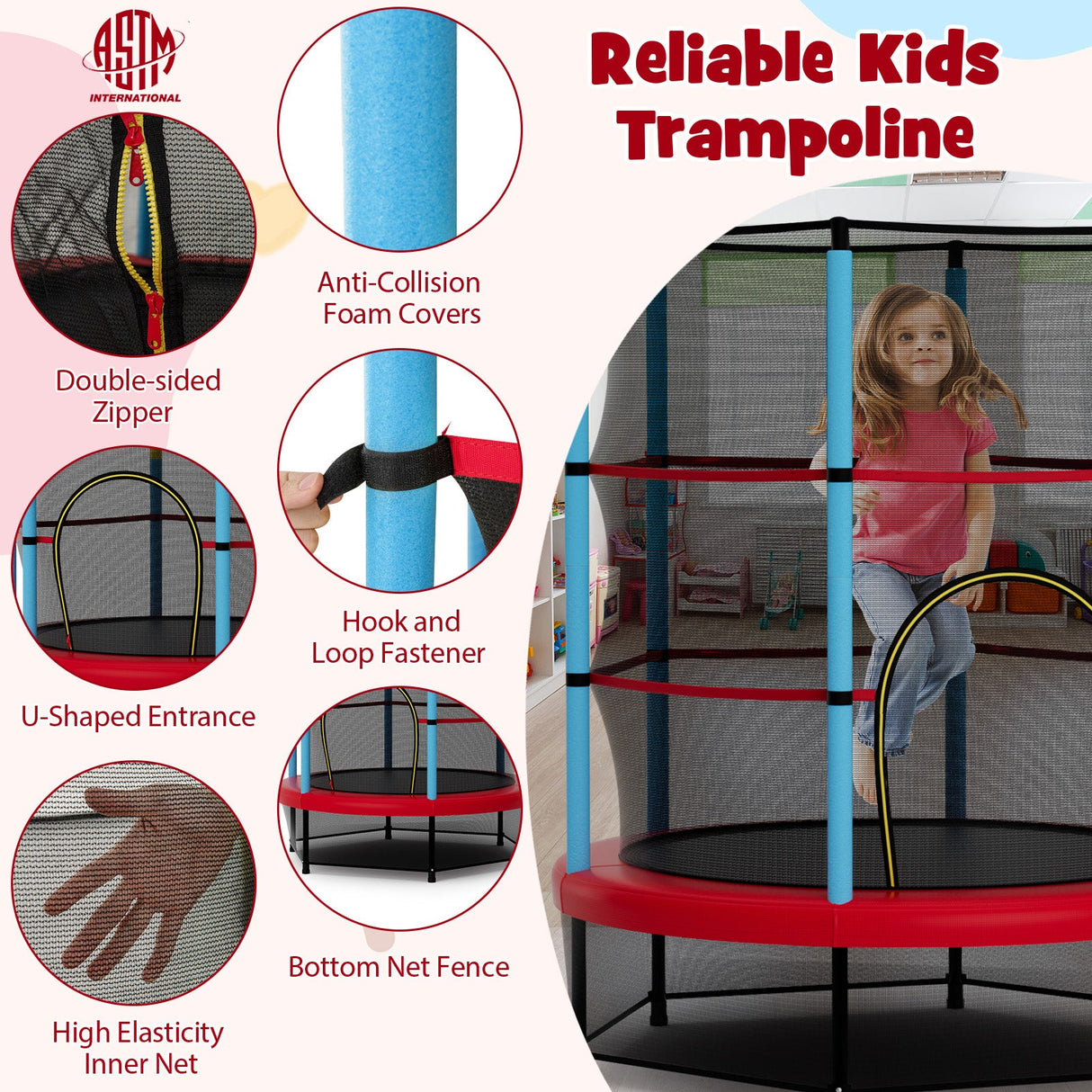 Kids Trampoline Recreational Bounce Jumper with Safety Enclosure Net-Navy
