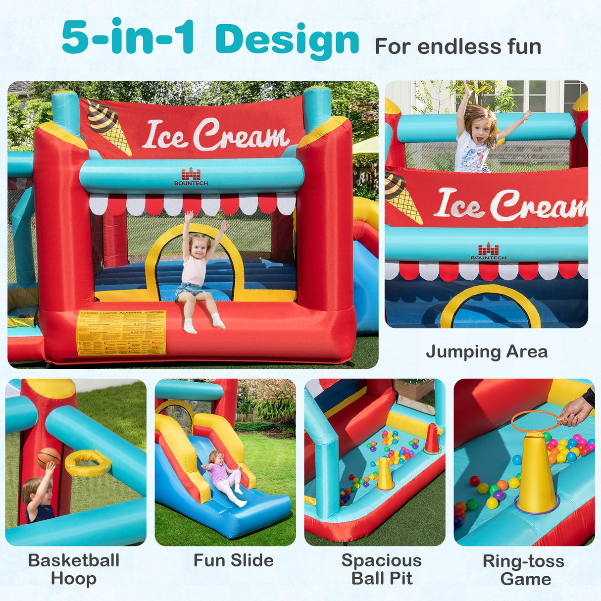 5-in-1 Ice Cream Inflatable Bounce House with Ball Pit and Slide with 520W Blower