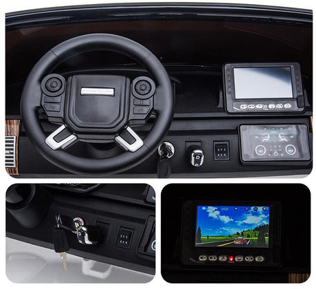 Close-up of the dashboard featuring a steering wheel and digital displays, with the main screen showing colorful graphics like a driving game, similar to the vibrant controls in the 24V Complete Silver Edition 2 Seats Range Rover Kids Ride On Car with RC, MP4.