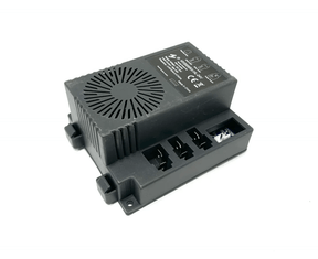 The New Version 24V Receiver for Unimog UTV is a black, rectangular electronic component with vented design, connection slots, white printed specs, and base mounting brackets, ensuring seamless compatibility and enhanced performance.