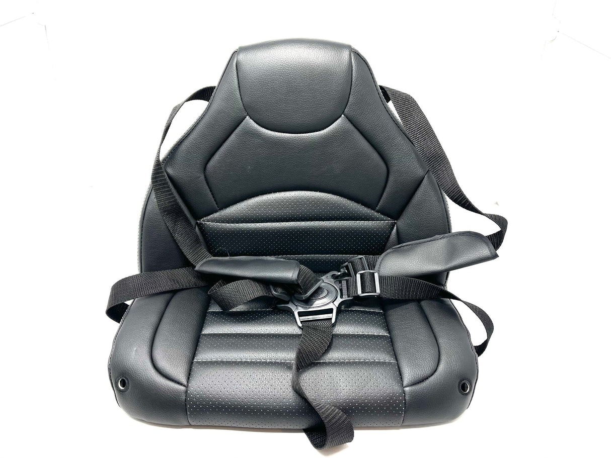 This black, luxurious car seat mirrors the plush design of high-end vehicles like the 12V Mercedes GLC. Featuring a harness and adjustable straps, it boasts padded leather with a textured finish and includes an integrated safety belt for added security.