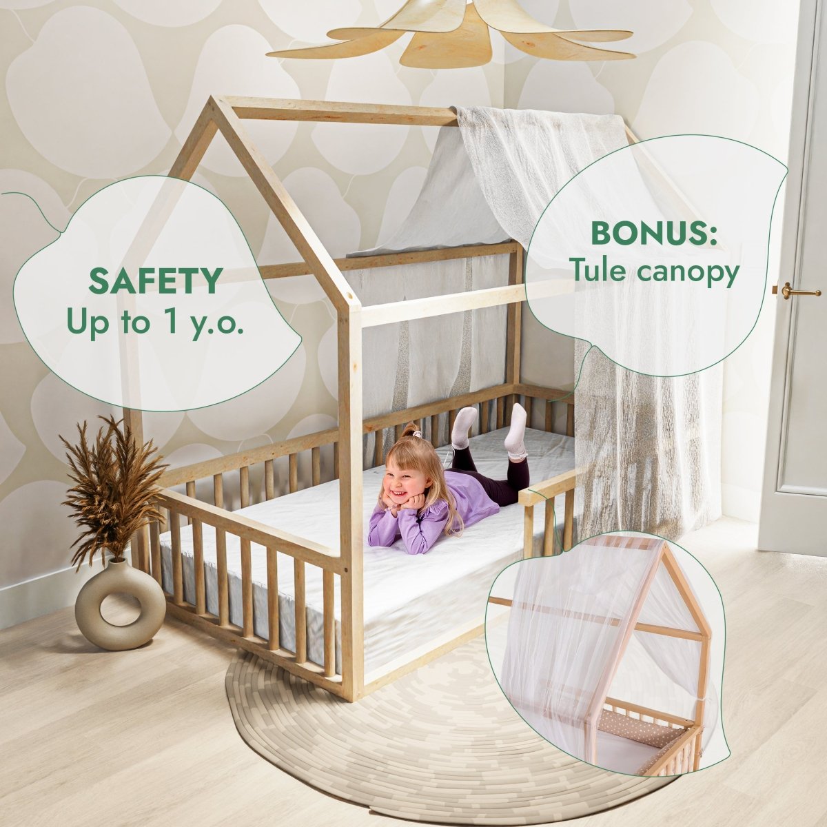 Twin Size Montessori House Bed for Kids with Fence