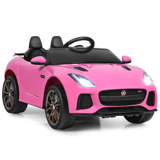 12V Pink Jaguar F-Type SVR Kids Licensed Ride-On Car with LED Lights, Music, Remote