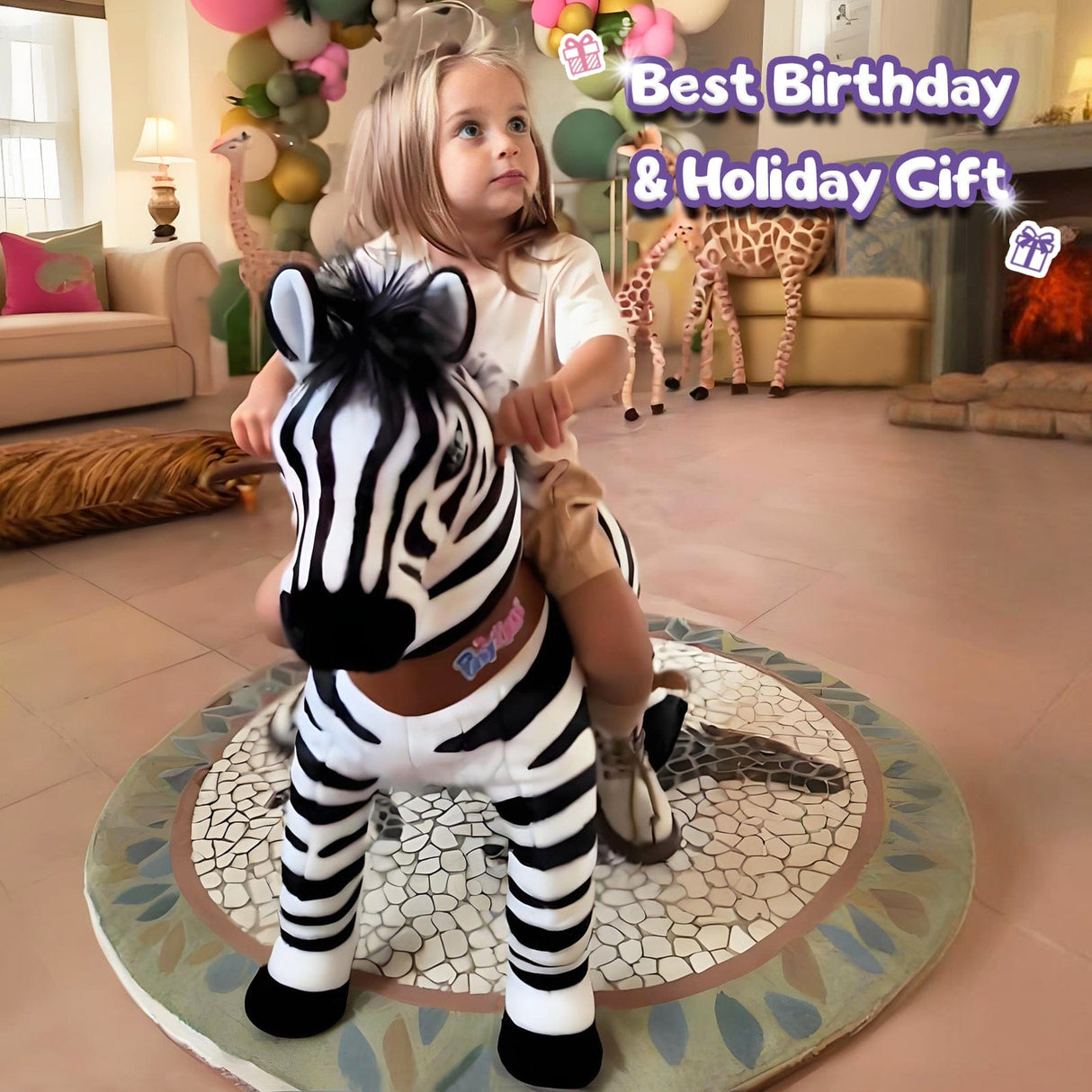Toddlers Indoor/Outdoor Ride-On Zebra with Cushioned Seat, Anti-Slip Wheels (Ages 3–4)