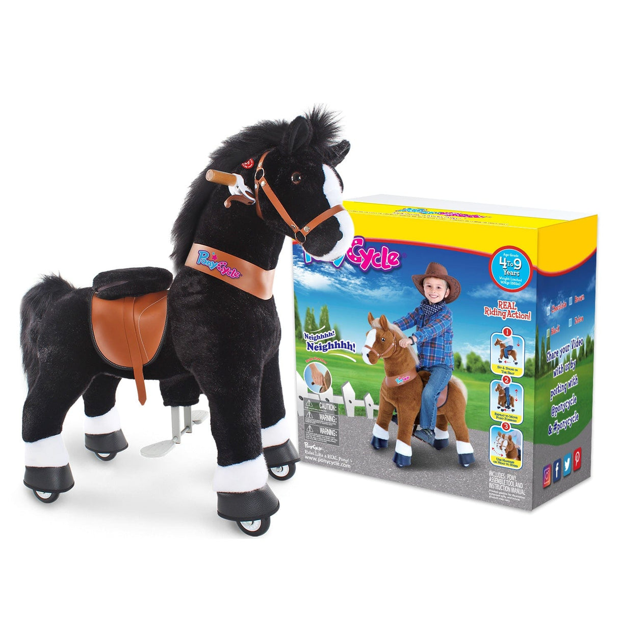 Toddlers Black Indoor/Outdoor Ride-On Pony with Cushioned Seat, Anti-Slip Wheels (Ages 4–7)