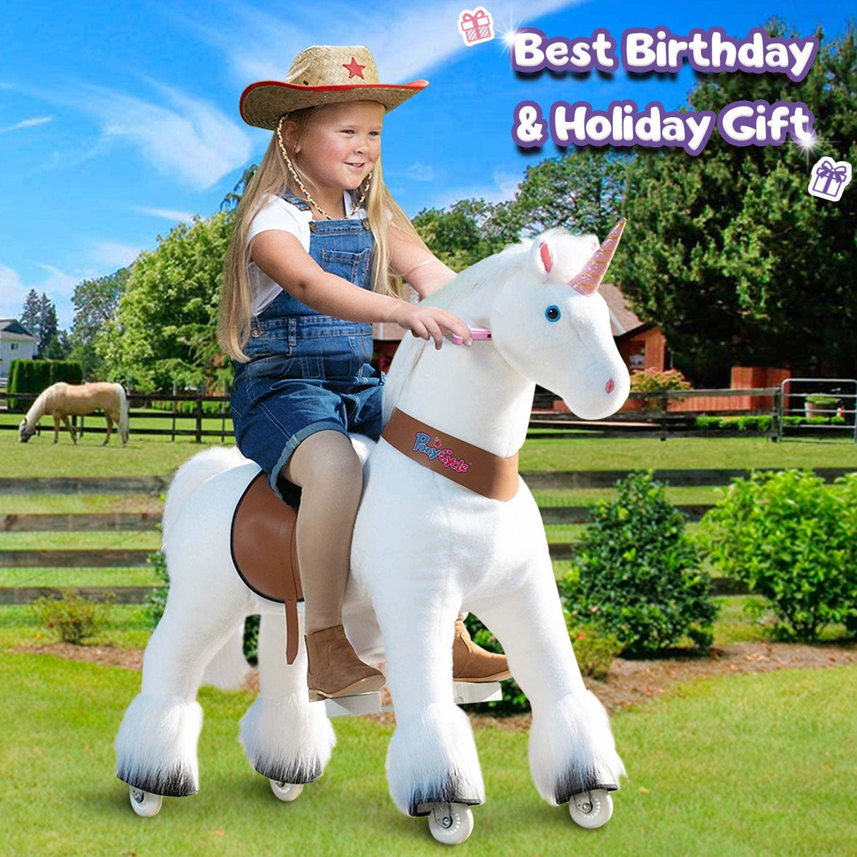 Toddlers White Indoor/Outdoor Ride-On Unicorn with Cushioned Seat, Anti-Slip Wheels (Ages 7+)