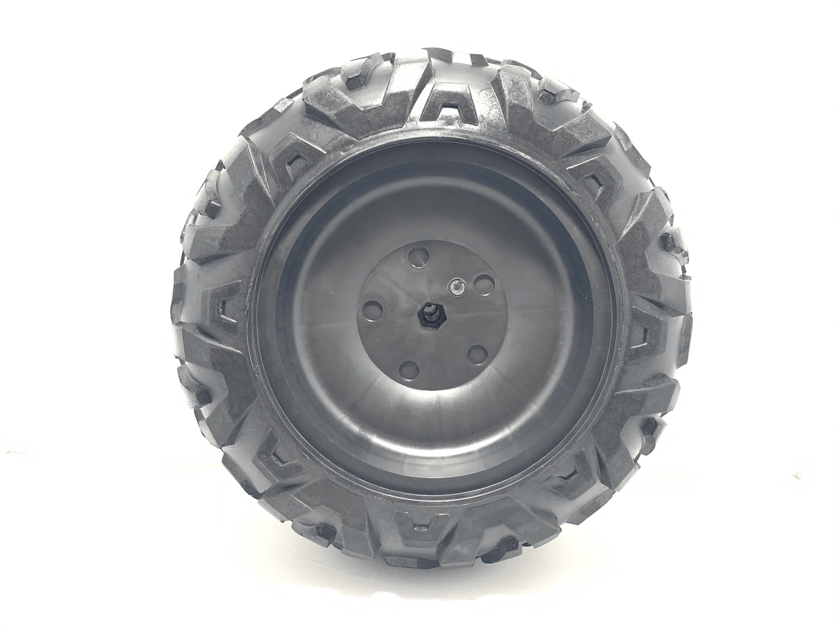 Close-up of a black EVA rubber wheel with a rugged tread pattern, like the Rear Eva Rubber Wheel for 24V Viper Buggy, mounted on a matching black hub. The wheel stands upright against a plain white background.