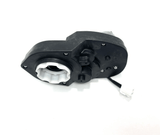 The Left Motor for 2WD/24V Viper Buggy is black plastic with a visible white gear, a cable ending in a white connector, and an irregular housing secured by several screws, all set on a pristine white background.