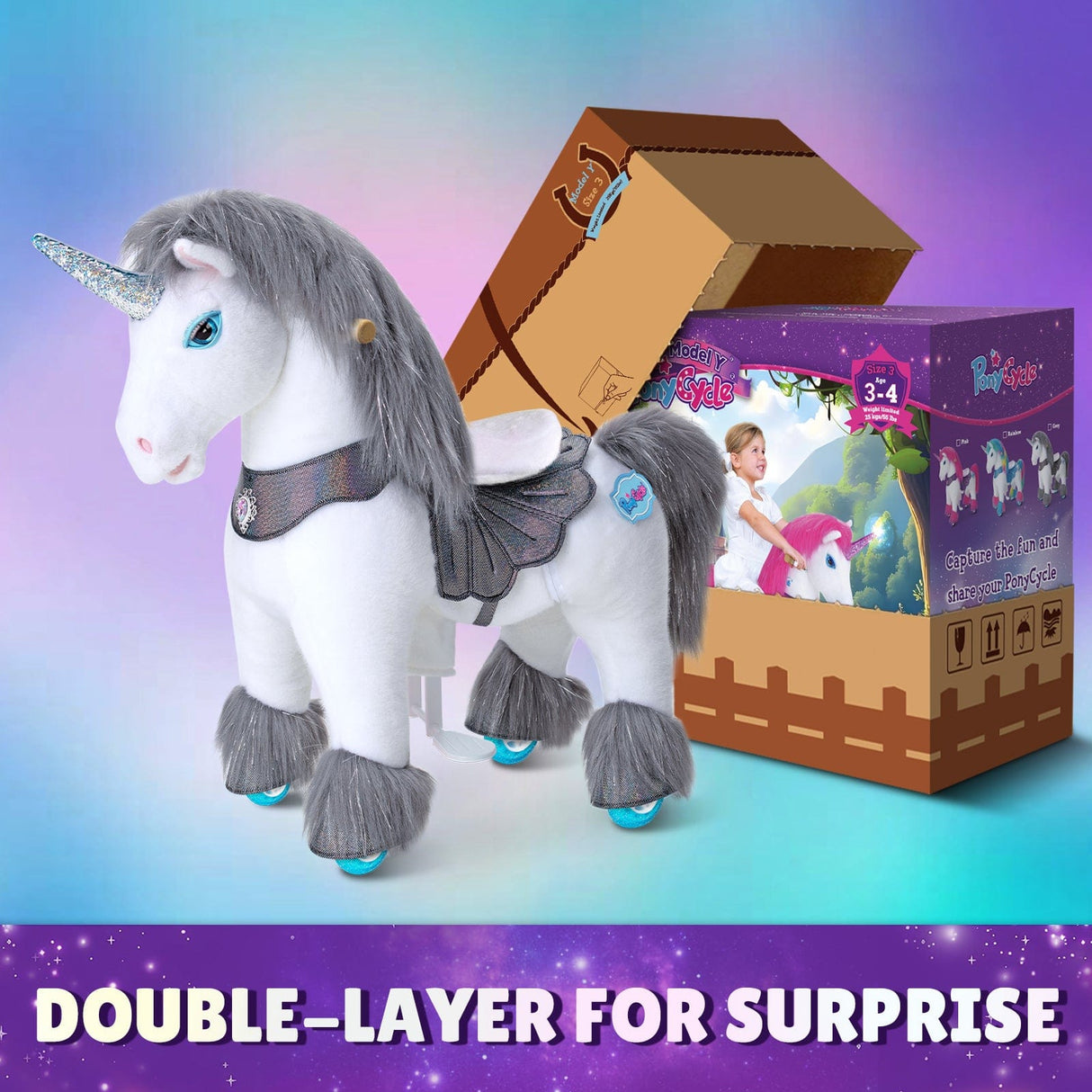 Toddlers Indoor/Outdoor Grey Ride-On Unicorn with Cushioned Seat, Anti-Slip Wheels (Ages 3–4)