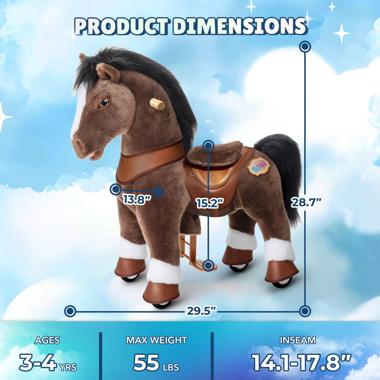 Toddlers Indoor/Outdoor Chocolate Ride-On Pony with Cushioned Seat, Anti-Slip Wheels (Ages 3–4)