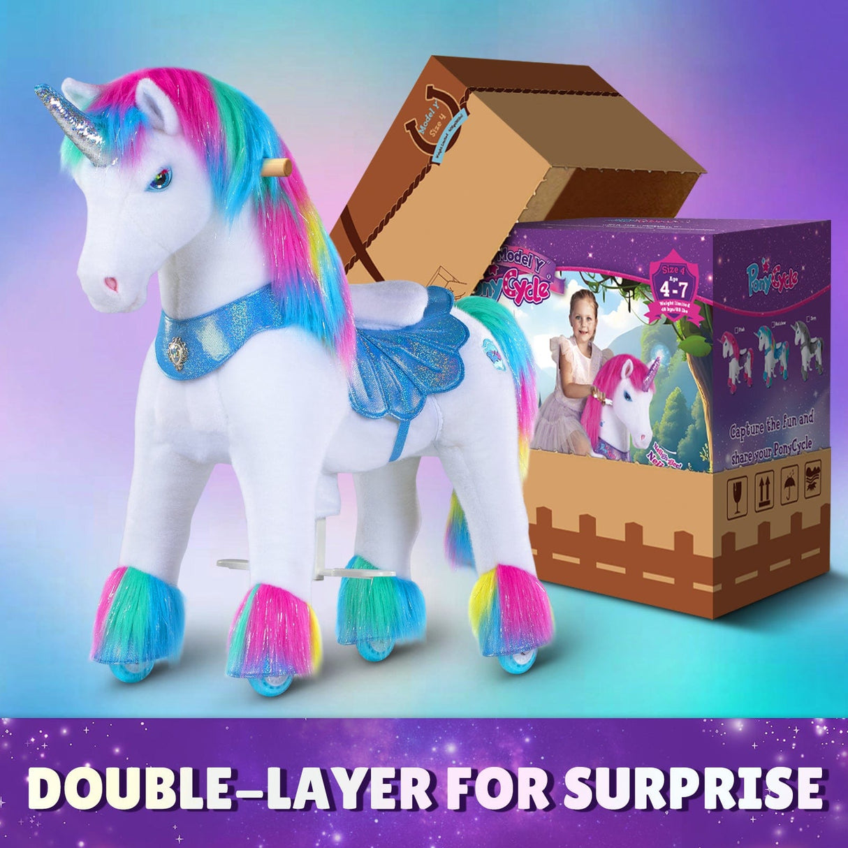 Toddlers Rainbow Indoor/Outdoor Ride-On Unicorn with Cushioned Seat, Anti-Slip Wheels (Ages 4–7)