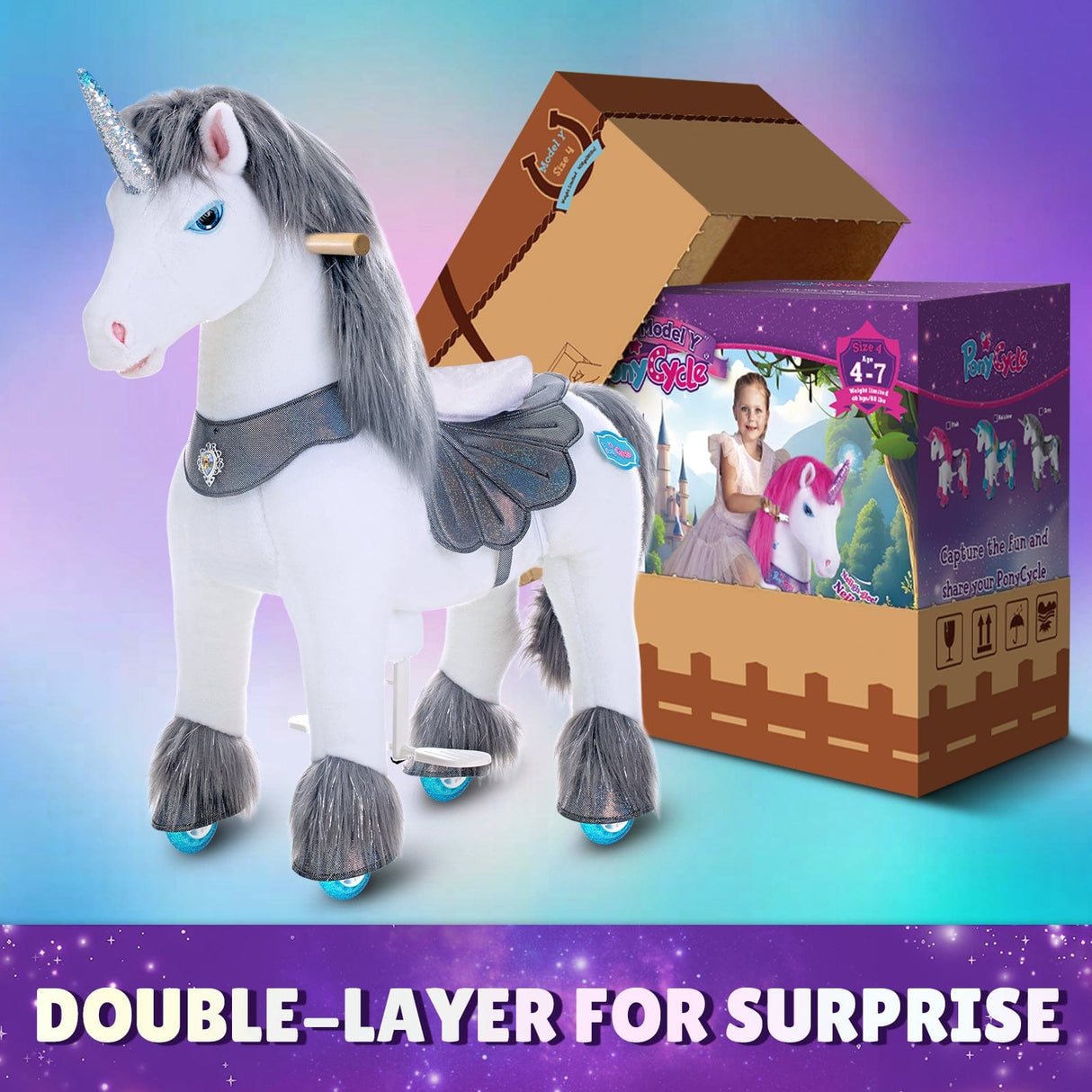 Toddlers Grey Indoor/Outdoor Ride-On Unicorn with Cushioned Seat, Anti-Slip Wheels (Ages 4–7)