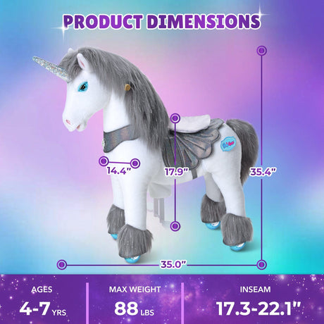 Toddlers Grey Indoor/Outdoor Ride-On Unicorn with Cushioned Seat, Anti-Slip Wheels (Ages 4–7)