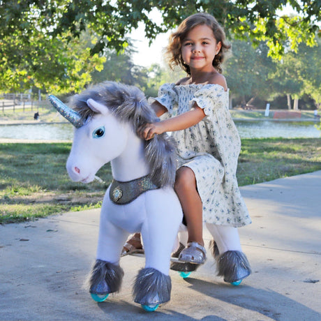 Toddlers Grey Indoor/Outdoor Ride-On Unicorn with Cushioned Seat, Anti-Slip Wheels (Ages 4–7)