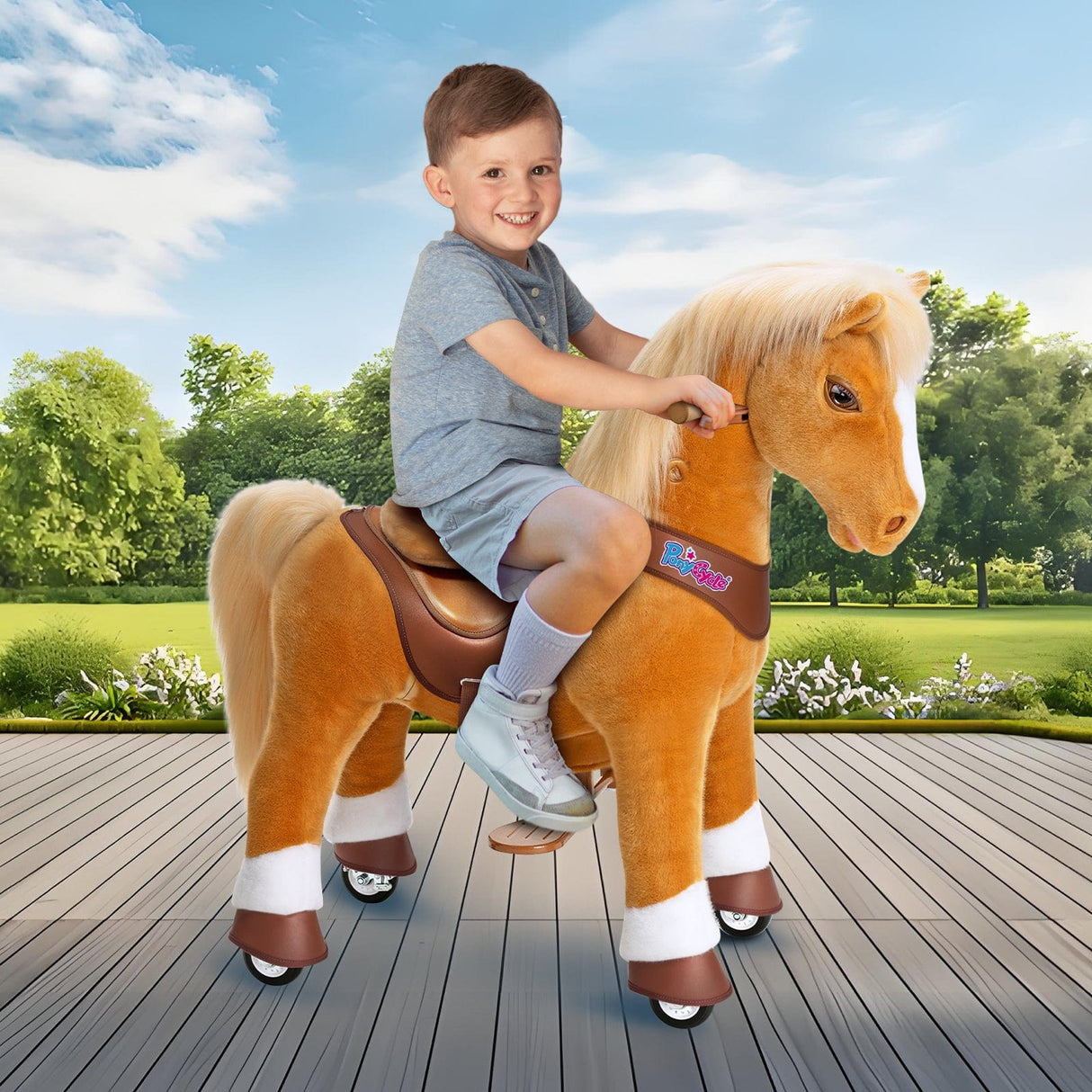 Toddlers Golden Indoor/Outdoor Ride-On Pony with Cushioned Seat, Anti-Slip Wheels (Ages 4–7)
