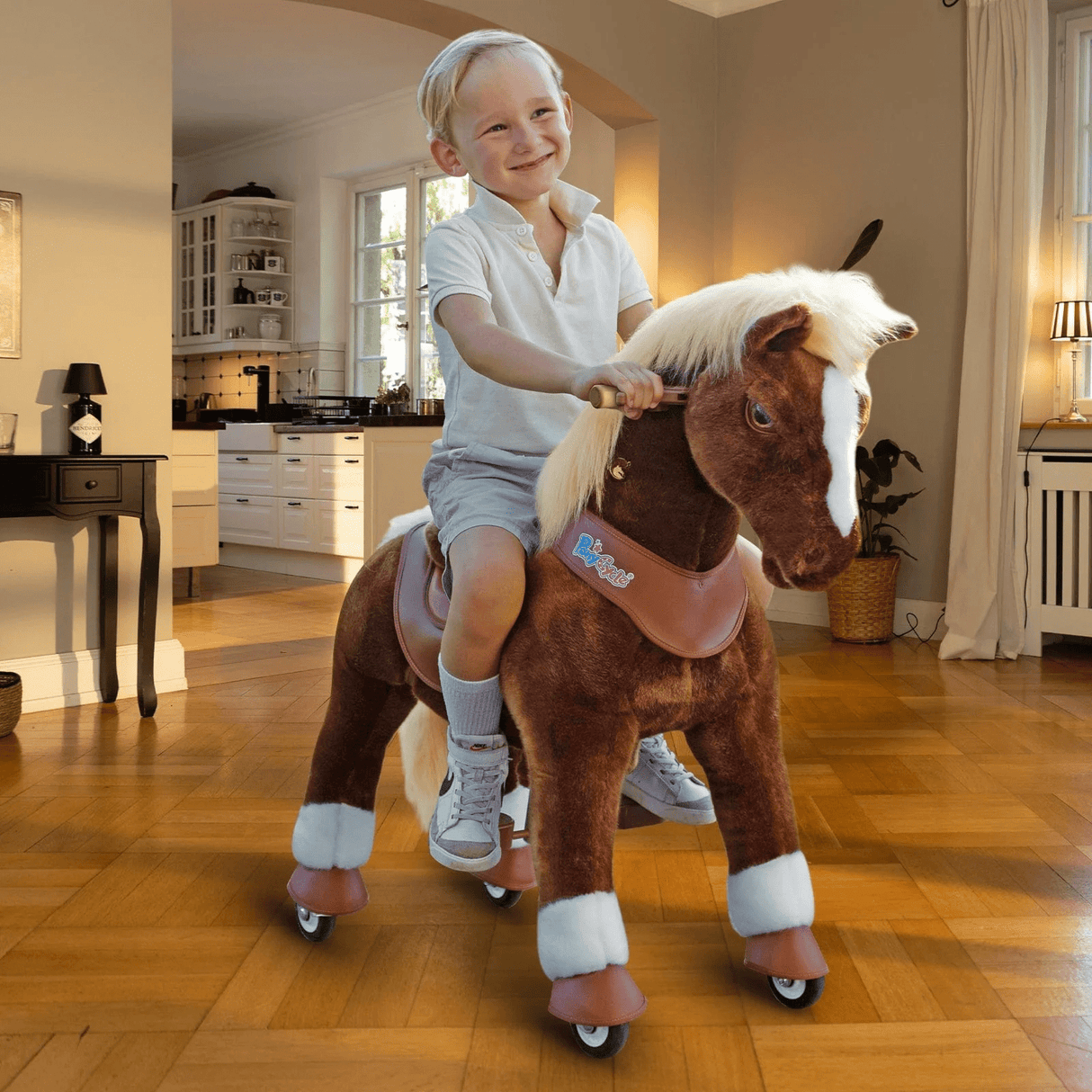 Toddlers Brown Indoor/Outdoor Ride-On Pony with Cushioned Seat, Anti-Slip Wheels (Ages 4–7)
