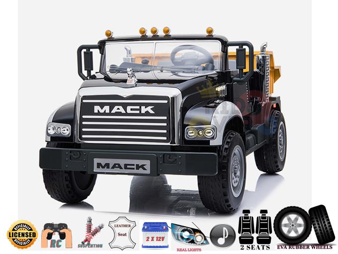 Official 2 Seats 2x12V Dump Mack Truck Kids and Toddlers Ride on Car, Rubber Wheels, RC